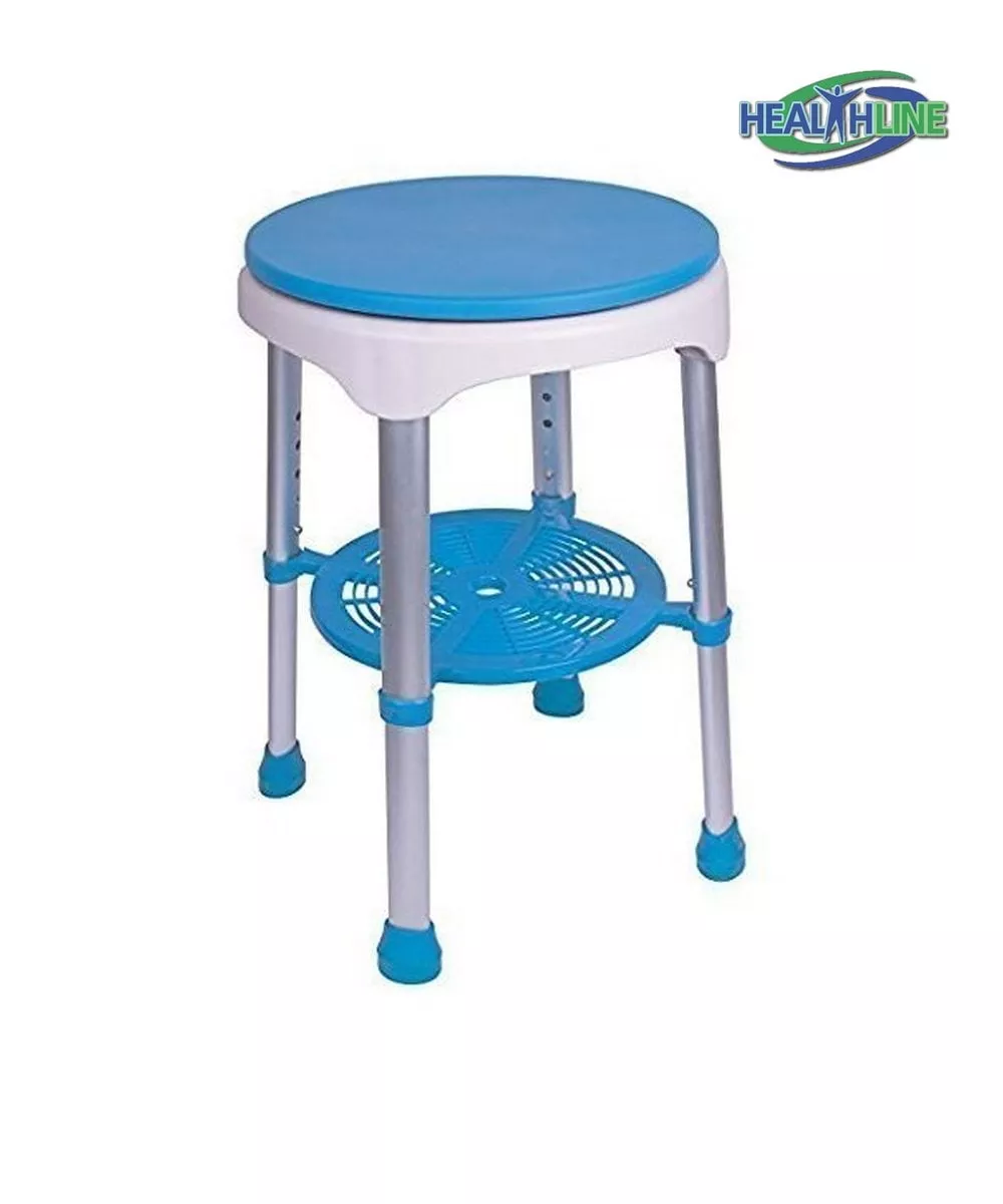 Bath Bench Round Stool With Padded Rotating Seat, White with Blue Seat and Adjustable Height