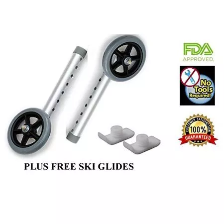 Walker 5 Inch Wheels and Walker Glides by Healthline, Universal Healthline, Lumex, Drive Medical Walker Wheels Replacement Parts – Walker Ski Glides and 5 Inch Walker Wheels for Walkers