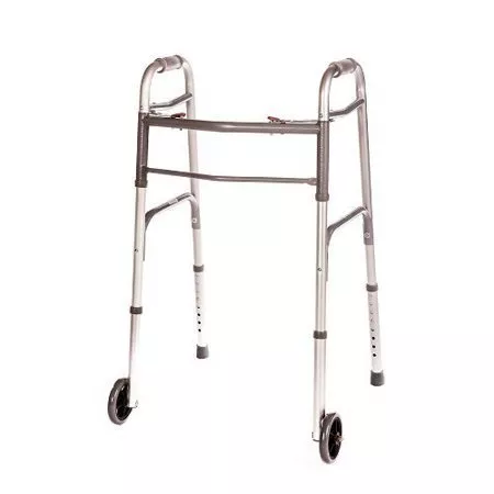 Walker Folding Deluxe 2 Button with Front 5″ Wheels, Adjustable Height (Short, Standard, Tall People) by Healthline Trading